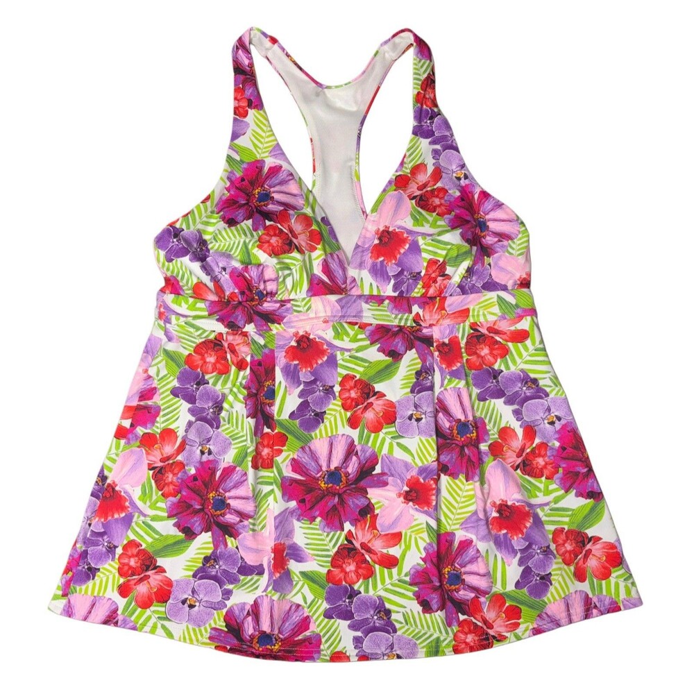 Lands End Tankini Top Floral Purple Pink Hawaiian Soft Cup Racerback Womens Sz 8